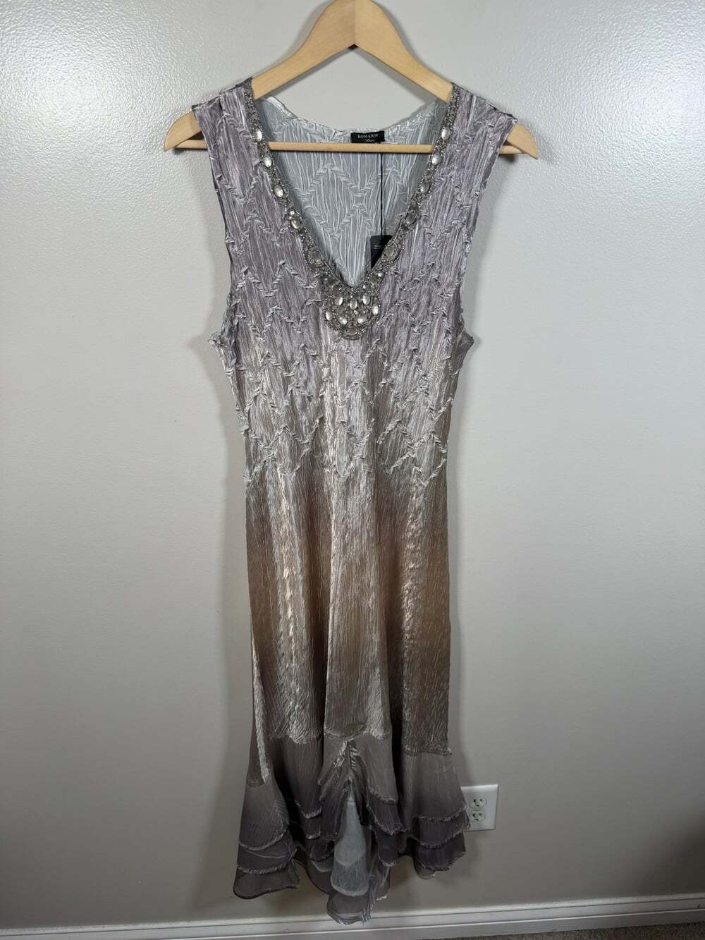 Komarov Maxi Dress Size XL Almond Ombre Beaded Crinkle Whimsygoth Artsy Goddess
